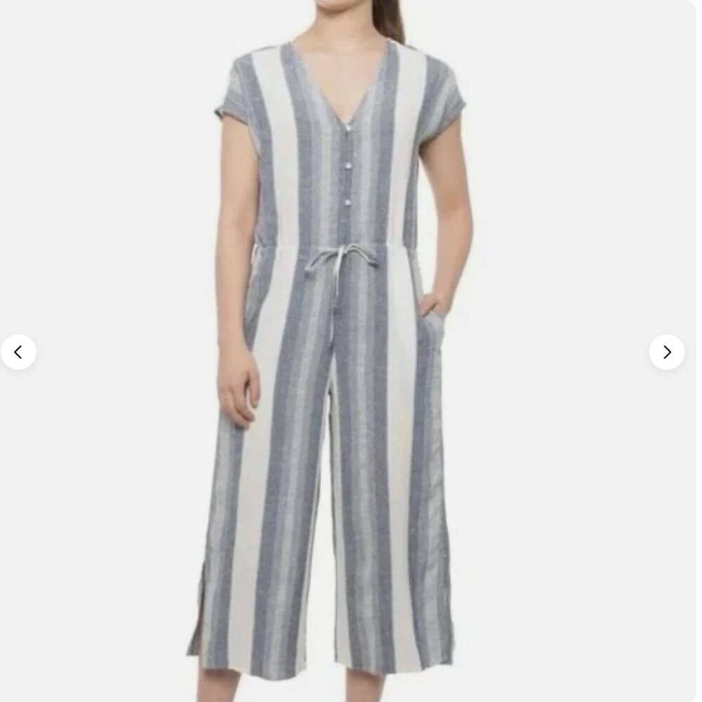 Cloth & Stone Blue White Striped Linen Blend Wide Leg Coastal Beachy Jumpsuit S